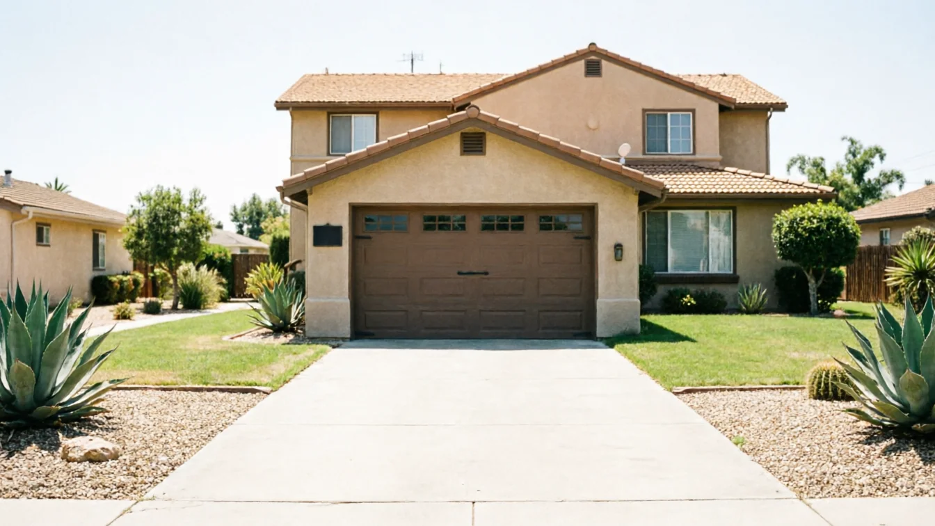 The house has a brown garage door with windows and a concrete driveway.