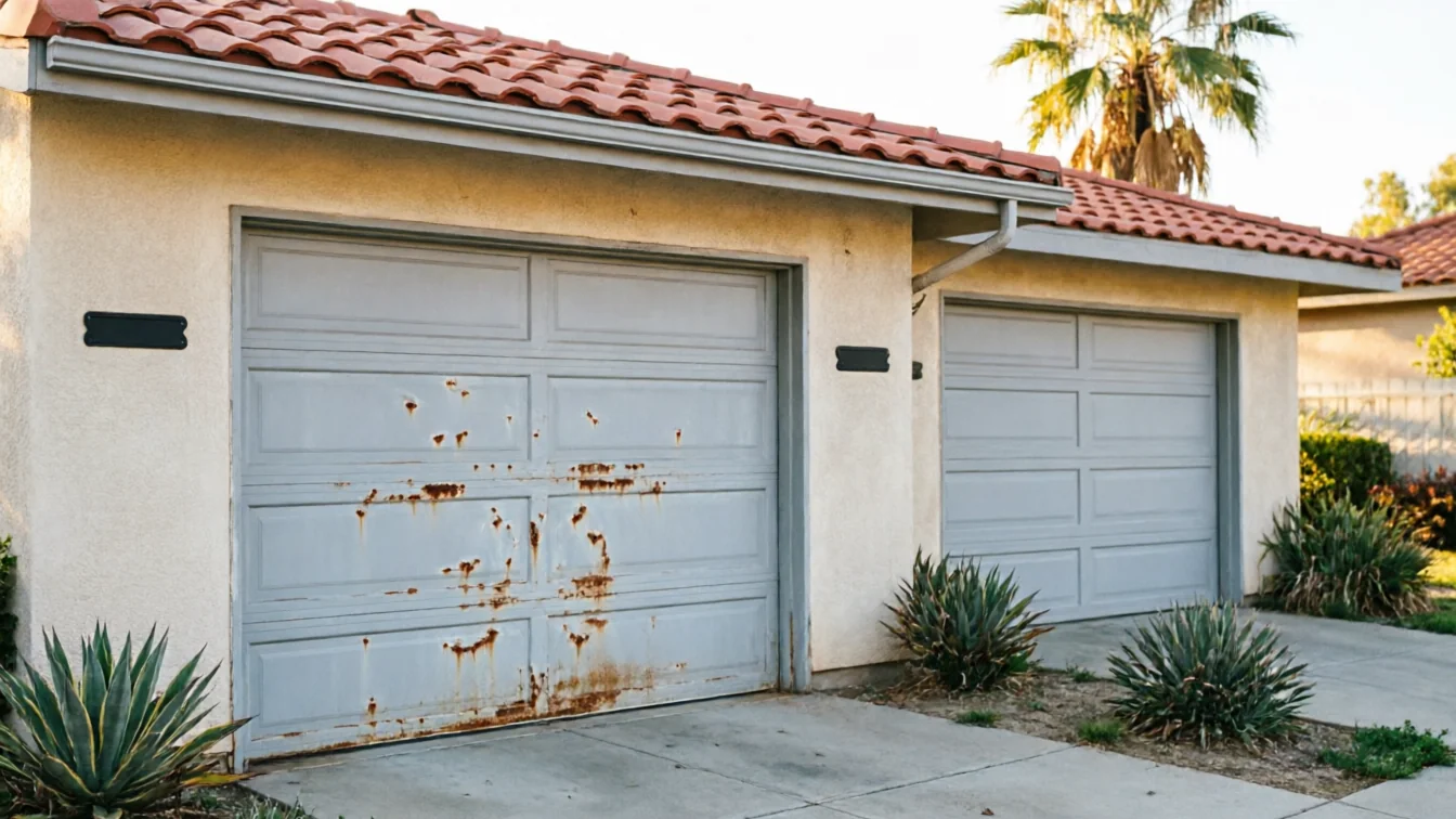 The house has two garage doors, one with significant rust and one without.