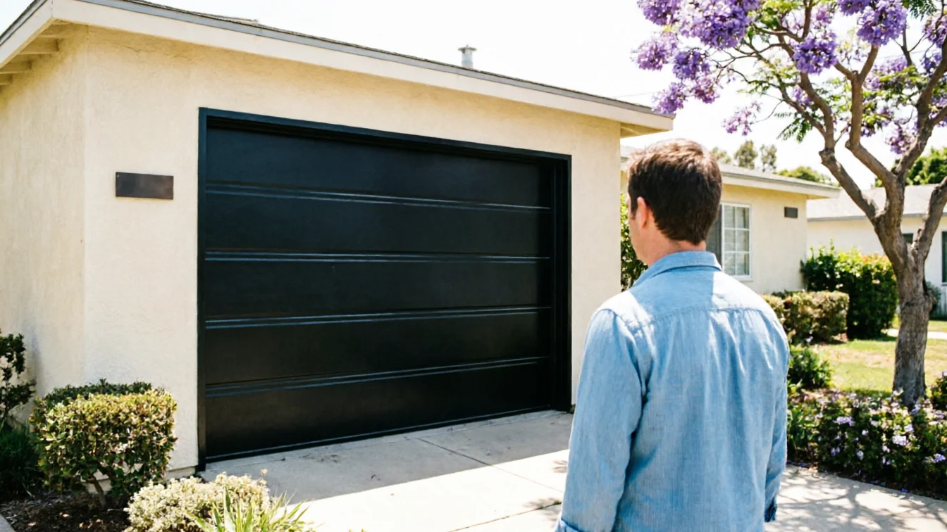 A man in a blue shirt stands facing a black garage door on a tan house.