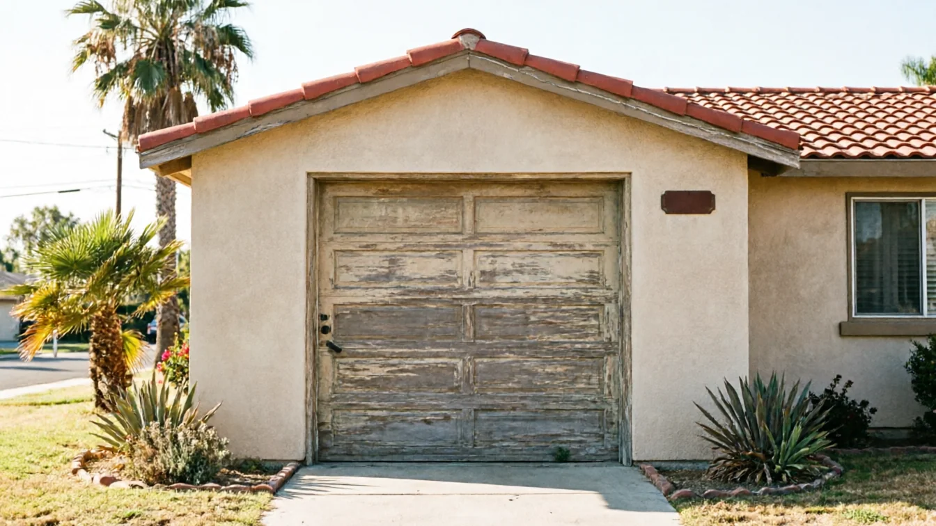 A house with a peeling, weathered garage door and a red tile roof.