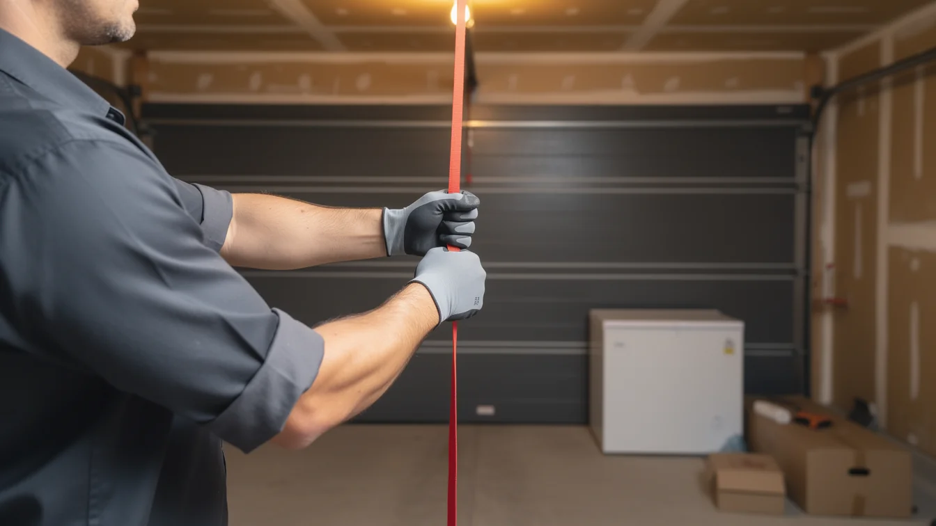 A technician in gloves pulls a red emergency release cord in a garage.