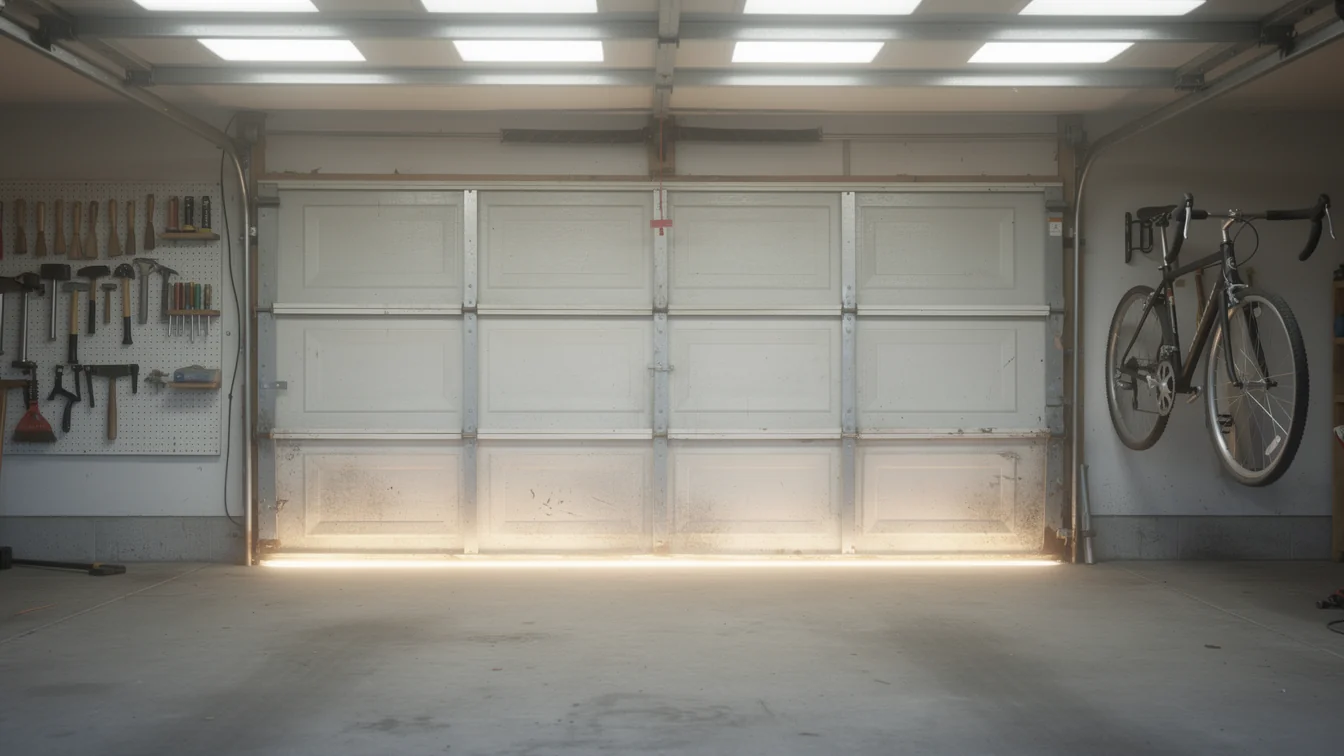 A white garage door is slightly open, with light shining from underneath.