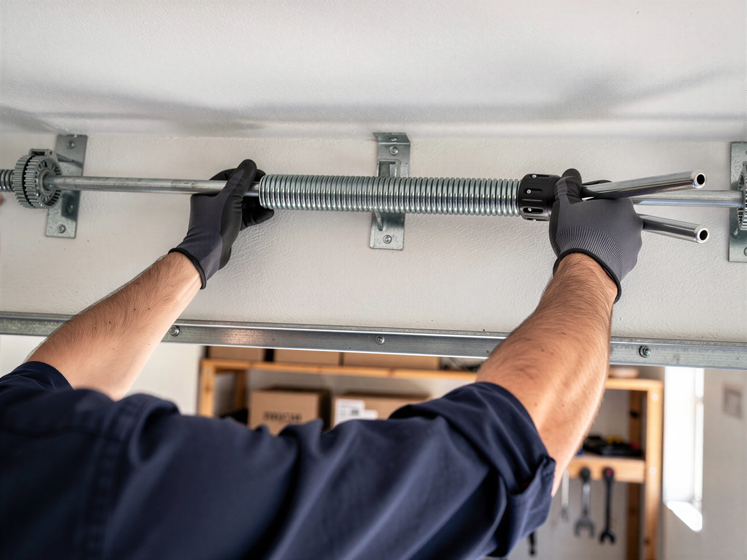 A technician adjusts a garage door torsion spring with winding bars.