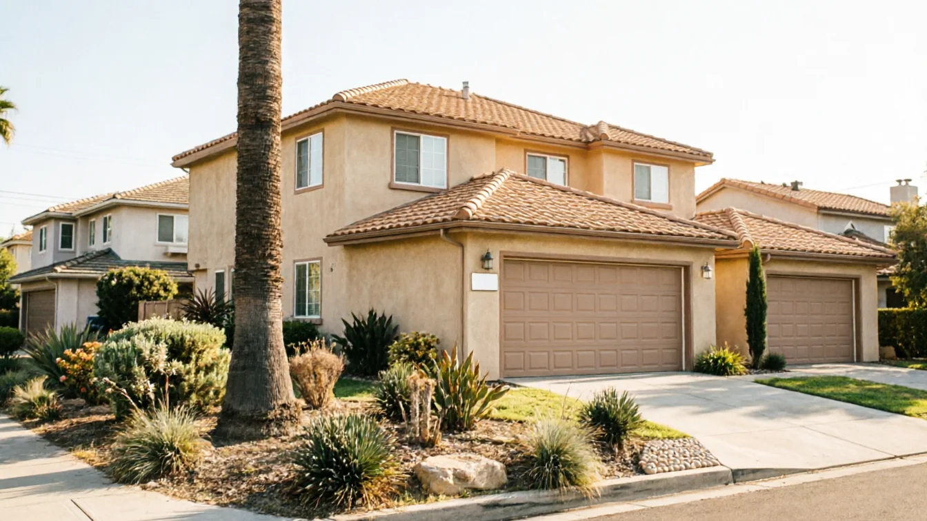 A two-story house with a brown garage door and a palm tree in the foreground.