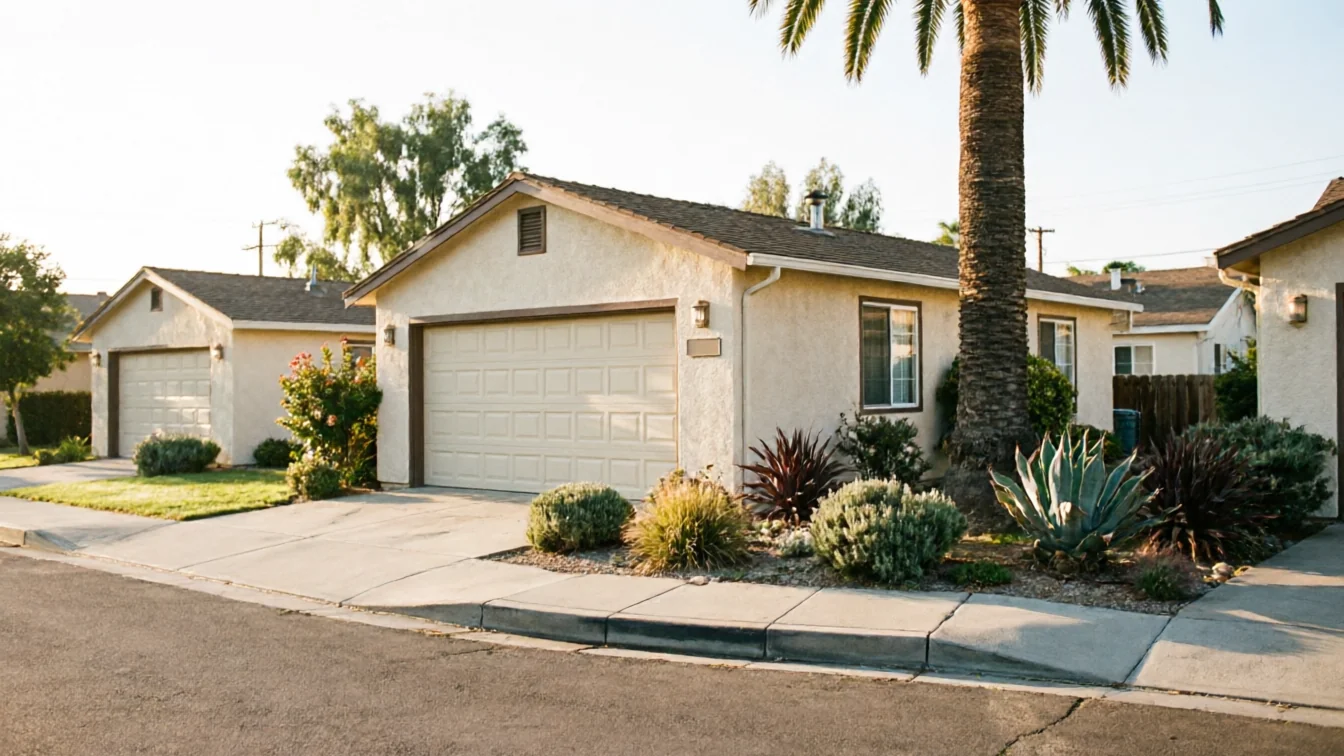 A row of houses with beige garage doors and a palm tree in the foreground.