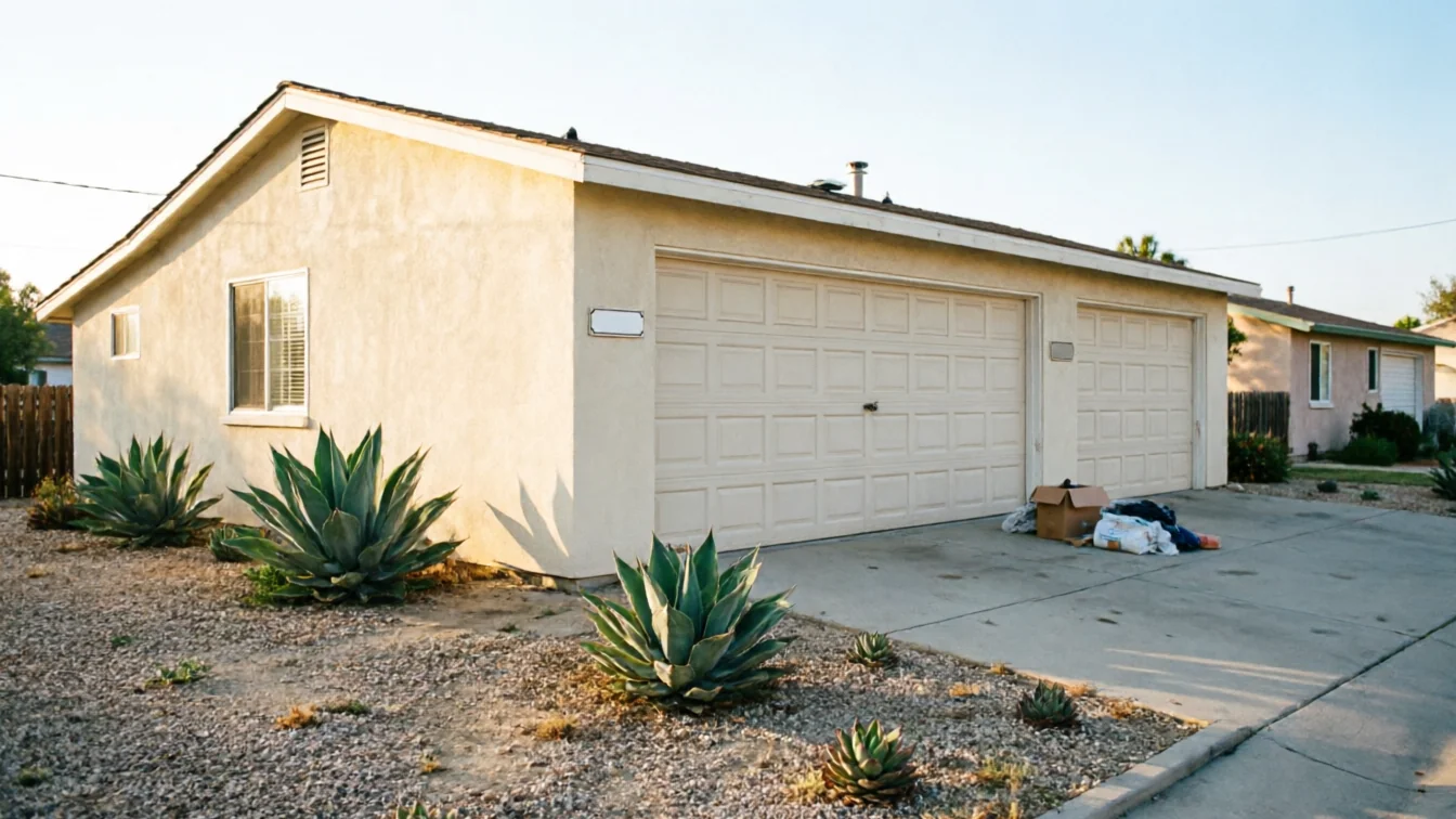 The house has two beige garage doors and a gravel yard with agave plants.