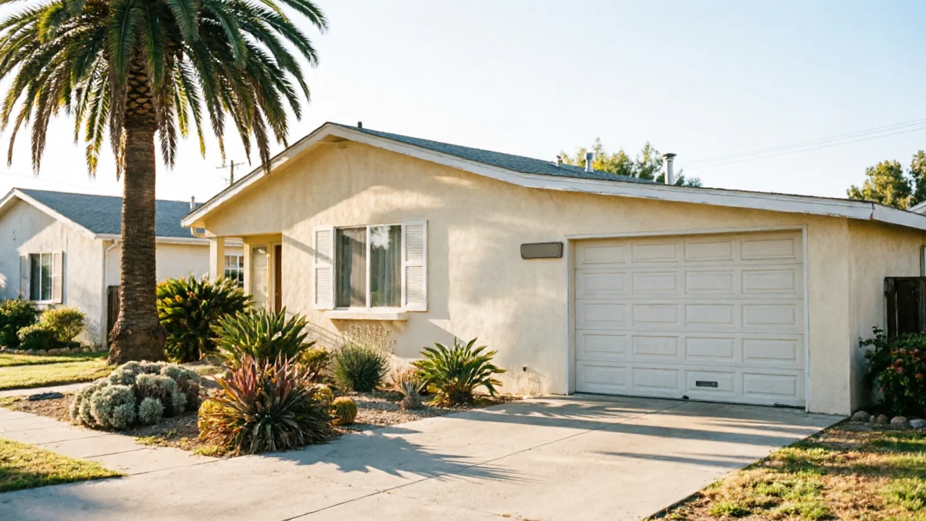 A beige house with a white garage door and a large palm tree in the front yard.